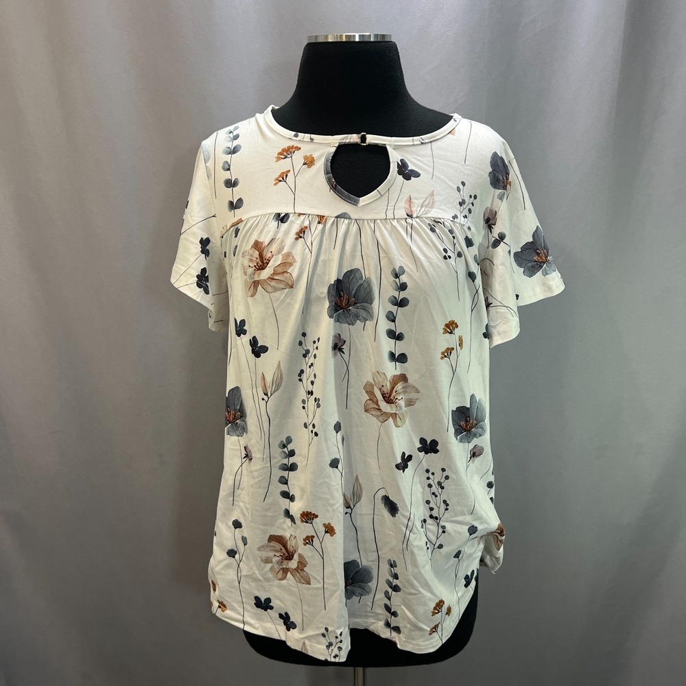 Hotouch Tunic Blouse Womens Medium White Floral Print Stretch Ruffle Sleeve